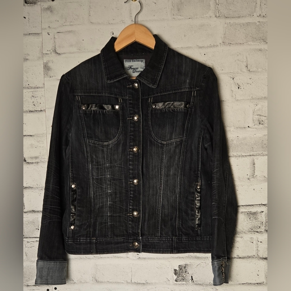 Dark Wash Denim Jacket Fitted Stretch Button Up Women’s Large